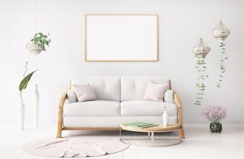 Modern living room interior design with sofa and plant, poster frame mockup on the wall, white sofa with poster, scandinavian style background, 3d rendering