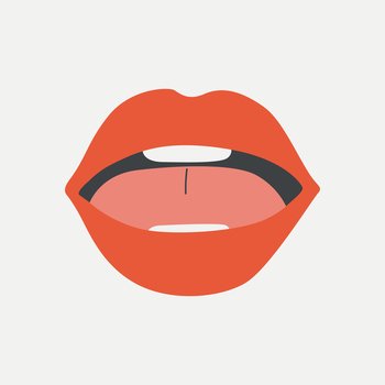 Open women mouth, white teeth, tongue . Female red lipstick lips with different emotions, mimic, facial expressions . Make up, beauty, podcast . Sexy talking, kissing mouth, human body part