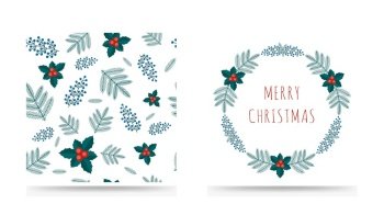 Collection of Merry Christmas greeting card and seamless pattern with winter plants wreath in the retro style. Stock vector illustrations with botanical symbols of holiday - pine, cone, branch, berry. Collection of Merry Christmas greeting card and seamless pattern with winter plants wreath in the retro style. Stock vector illustrations with botanical symbols of holiday - pine, cone, branch, berry.