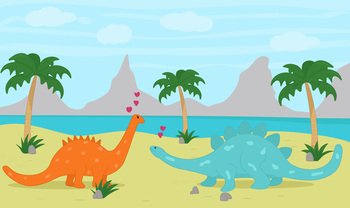 A couple of dinosaurs in love on the island. A couple of dinosaurs in love on the island.