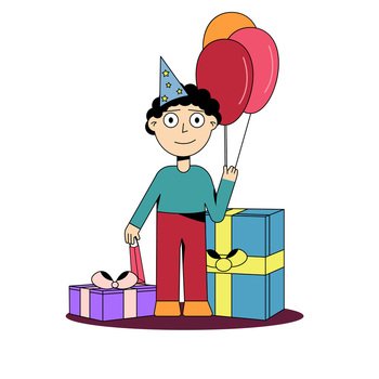 Boy in a party cap with balloons and presents.. Boy in a party cap with balloons and presents