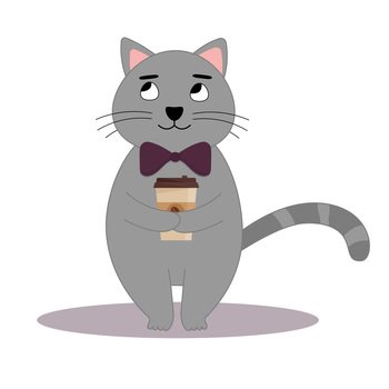Cute cat holding a cup of coffee. Flat vector illustration.. Cute cat holding a cup of coffee. Flat vector illustration