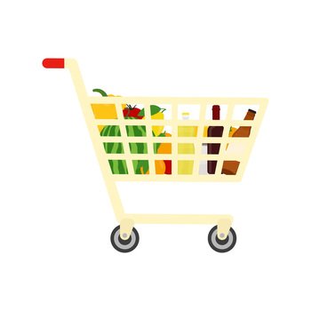 Trolley with groceries. Flat vector illustration.. Trolley with groceries. Beer lemon watemelon. Flat vector illustration