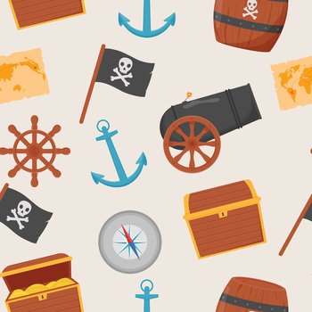 Bundle pirate seamless pattern. Bundle pirate, treasure map, rum, ship wheel, anchor barrel bomb. Bundle pirate seamless pattern. Bundle pirate, treasure map, rum, ship wheel, anchor, barrel, bomb