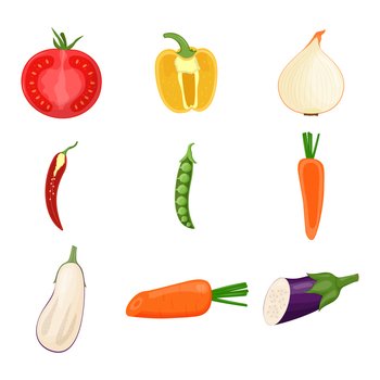 Set of half vegetables. Vegetarian food, healthy eating concept. Tomato, pepper, chili, pea, cabbage, eggplant onion carrot Flat vector illustration. Set of half vegetables. Vegetarian food, healthy eating concept. Tomato, pepper, chili, pea, cabbage, eggplant, onion, carrot. Flat vector illustration