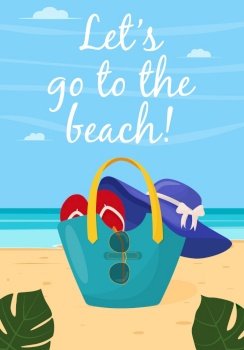 Colorful women’s summer bag with beach accessories. Summer design elements. Flat vector illustration for poster, banner, flyer.. Colorful women’s summer bag with beach accessories. Summer design elements. Flat vector illustration for poster, banner, flyer