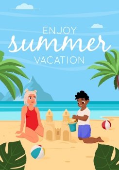 Summer vacation concept background. Beautiful summer beach landscape with sea, palm trees, sand castle. Children are building a sand castle. Flat vector illustration for poster, banner, flyer. Summer vacation concept background. Beautiful summer beach landscape with sea, palm trees, sand castle. Children are building a sand castle. Flat vector illustration for poster, banner, flyer.