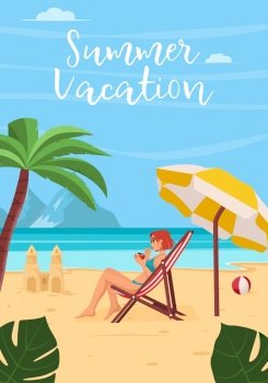Summer vacation concept background. Beautiful summer beach landscape with sea, palm trees, sand castle. A girl is resting on a chaise longue. Flat vector illustration for poster, banner, flyer. Summer vacation concept background. Beautiful summer beach landscape with sea, palm trees, sand castle. A girl is resting on a chaise longue. Flat vector illustration for poster, banner, flyer.