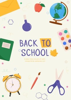 Back to school card with colorful school supplies. Colorful back to school templates for invitation, poster, banner, promotion, sale. School supplies cartoon illustration. Back to school card with colorful school supplies. Colorful back to school templates for invitation, poster, banner, promotion, sale. School supplies cartoon illustration.
