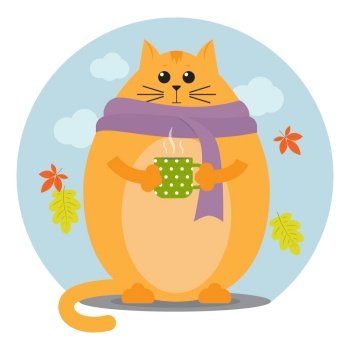 Funny fat cat in a scarf with a coffee mug in a flat style. Fall autumn cold time.