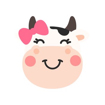 Vector cartoon cute cow face A bull and a female with a bow Separate from the background
