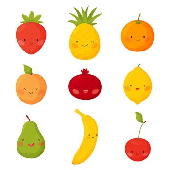 Cute cartoon fruits. Pineapple, orange, lemon, banana, pomegranate and cherry with funny faces on a white background. Vector illustration.. Cute cartoon fruits with funny faces on a white background.