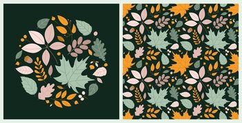Bright autumn set with round composition and seamless pattern with autumn leaves and berries in flat cartoon style on dark green background. Vector print for printing on fabric, autumn cards, etc.. Bright autumn set with round composition and seamless pattern with autumn leaves and berries in flat cartoon style on dark green background.