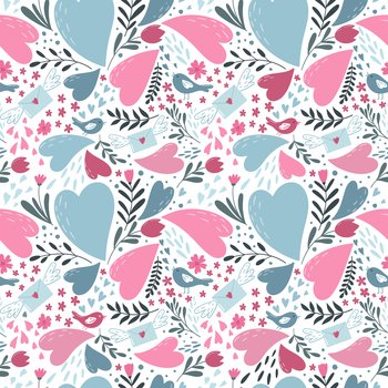 Seamless pattern for Valentine s Day in doodle style. Vector illustration. Suitable for printing on fabric, wrapping paper, etc.. Seamless pattern for Valentine s Day in doodle style. Multicolored hearts, birds, flowers and envelopes on a white background.