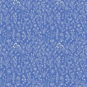 Floral doodle seamless pattern. Vector illustration of hand drawn wildflowers and herbs on a blue background. Vector floral endless print for fabric or bedding design.