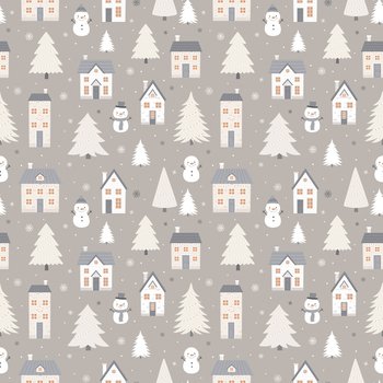 Seamless winter pattern with houses, snowmen and fir trees. Vector seamless background for winter decoration.. Seamless winter pattern with houses, snowmen and fir trees.