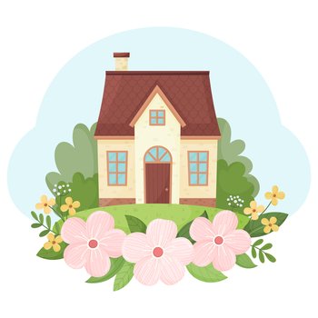 Village house with brown roof and summer flowers in the foreground. Vector illustration isolated on white background.. Village house with brown roof and summer flowers in the foreground.