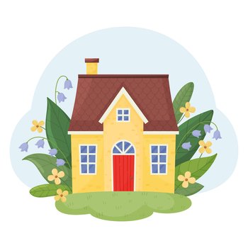 Cute yellow house surrounded by flowers and leaves. Fairytale fantasy house for a dwarf or elf. Vector illustration isolated on white background.. Cute yellow house surrounded by flowers and leaves. Fairytale fantasy house for a dwarf or elf.