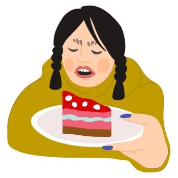 Girl with two braids in bright hoodie holding a plate with biscuit. Vector isolated illustration.