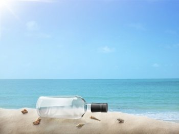 clear glass bottle on the beach being carried by sea waves to the shore. 3d render