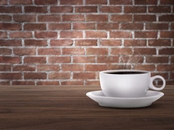 Hot coffee cup on wood counter red brick wall background