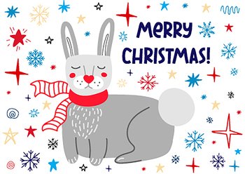 Christmas greeting card with a rabbit in a scarf and snowflakes Vector illustration. Christmas greeting card with a rabbit.