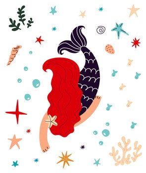 Cute Mermaid with red hair and marine animals. Mermaid and sea life.Vector cartoon illustration. Cute Mermaid with redhair and marine life.Vector cartoon illustration