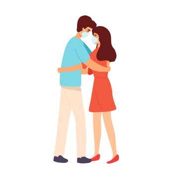 Love tenderness and romantic feelings concept. Young loving smiling couple boy and girl standing hugging embracing each other feeling in medical mask love vector illustration. Love tenderness and romantic feelings concept. Young loving smiling couple boy and girl standing hugging embracing each other feeling in medical mask love vector illustration.