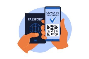 Electronic COVID-19 passport concept. The vaccinated person using QR code on mobile phone for safe travelling during the pandemic. Vector illustration. Flat.