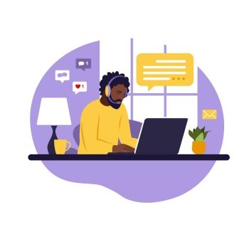 Operator african man with computer, headphones and microphone. Outsource, consulting, job online, remove job. Call center. Flat vector illustration on white background.