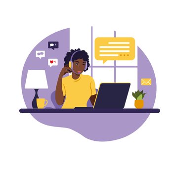 Operator african girl with computer, headphones and microphone. Outsource, consulting, job online, remove job. Call center. Flat vector illustration on white background.
