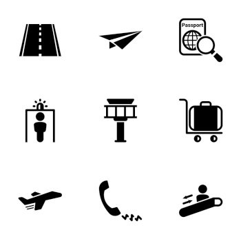 Set of simple icons on a theme Airport, runway, plane, transport, vector, set. Black icons isolated against white background