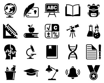 Set of simple icons on a theme School, education, education, vector, design, collection, flat, sign, symbol,element, object, illustration. Black icons isolated against white background
