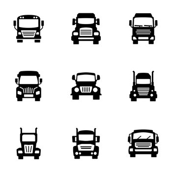 Set of black icons isolated on white background, on theme Trucks