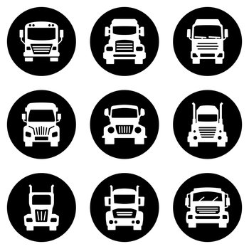 Set of white icons isolated against a black background, on a theme Trucks