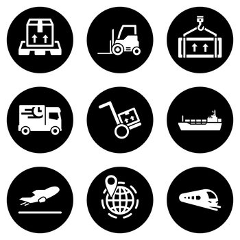 Set of white icons isolated against a black background, on a theme Logistics and shipping