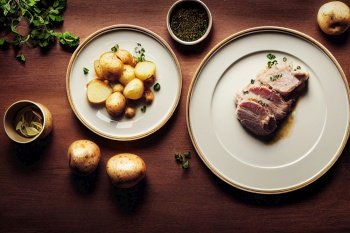 Pork and potatoes on dinner table for restaurant menu 3d illustrated