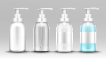 Plastic bottle with dispenser pump for liquid soap, antibactrial gel, sanitizer or cosmetic product. Vector realistic mockup of transparent package empty and full of antiseptic cleanser. Plastic bottle with dispenser pump for liquid soap