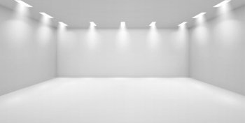 Art gallery empty 3d room with white walls, floor and illumination lamps around perimeter. Museum interior for collection presentation, photography contest exhibition hall, Realistic vector mock up. Art gallery empty room with white walls and lamps