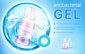 Antibacterial gel, liquid antiseptic soap banner mock up. Pump bottle inside of splashing water sphere, lather container for bath or toilet room on blue background, Realistic 3d vector illustration. Antibacterial gel, liquid antiseptic soap banner