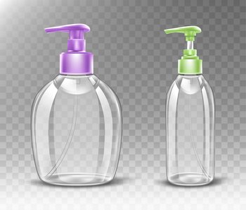 Empty plastic bottle with dispenser pump for liquid soap, antibactrial gel, sanitizer or cosmetic product. Vector realistic mockup of transparent package for antiseptic cleanser. Plastic bottle with dispenser pump for liquid soap