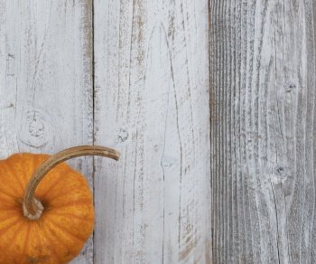 Autumn or fall pumpkin over white rustic wood background in vertical layout   