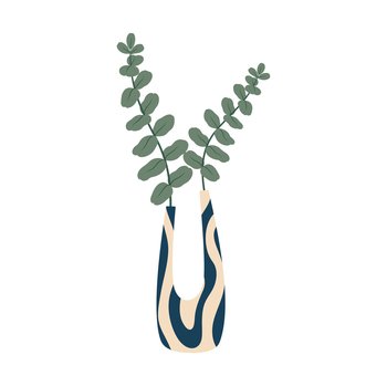 Scandinavian vase with fern herbal plants, leaves on stem interior decor. Vector botanical blossoms in elegant bottle, flat cartoon spring bouquet. Green fern branches, scandinavian vase decoration