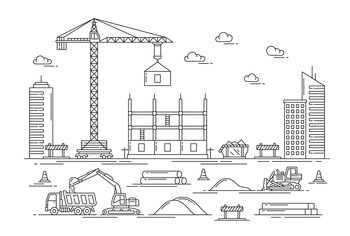 Outline building construction site of house with build equipment, vector architecture industry. Hand drawn construction site with working crane, excavator, truck and bulldozer machinery, panels, tubes. Outline building construction site with equipment