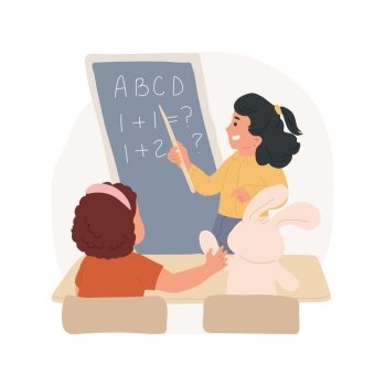 Teacher and student game isolated cartoon vector illustration. Role-playing game, toddlers imitating school lesson, child pretending teacher, holding a pointer, kid sits at desk vector cartoon.. Teacher and student game isolated cartoon vector illustration.