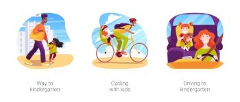 Going to kindergarten isolated cartoon vector illustration set. Way to kindergarten, cycling with kids, driving with kids, walking on a sidewalk, family routine in early childhood vector cartoon.. Going to kindergarten isolated cartoon vector illustration set
