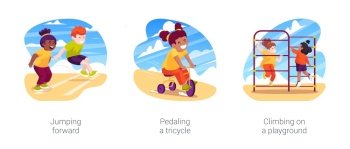 Physical development milestones isolated cartoon vector illustration set. Jumping forward, pedaling a tricycle, climbing on playground, kindergarten sport activity, early education vector cartoon.. Physical development milestones isolated cartoon vector illustration set