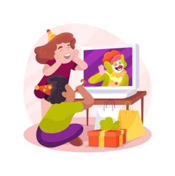 Virtual party isolated cartoon vector illustration. Online celebration, entertainer on laptop screen, kids watching performance, virtual Birthday party for children, decoration vector cartoon.. Virtual party isolated cartoon vector illustration.