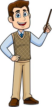 Male Teacher Cartoon Character Holding A Pointer And Speak. Vector Hand Drawn Illustration Isolated On Transparent Background