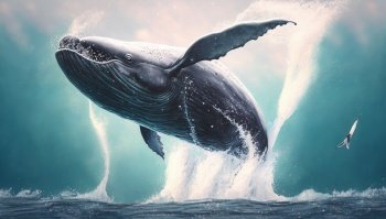 Blue whale jumps out of the water creating splashes around it.. Generated image. Whale jumps out of the water